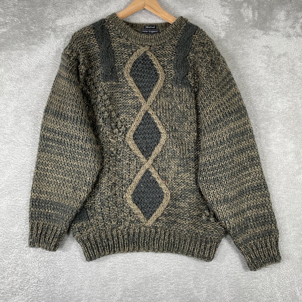 Peter England Sweater Mens Medium Green Geometric Chunky Knit Handmade Vintage